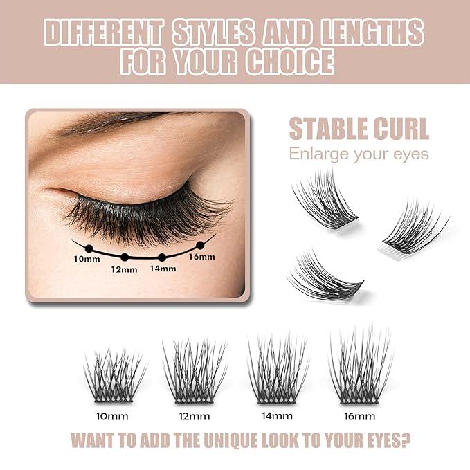 DIY Eyelash Extension, 3D Effect Glue Bonded Band Individual Lash 12 Clusters Volume Lashes Set, Home Eyelash Extension, C curl Lashes Pack(12MM)