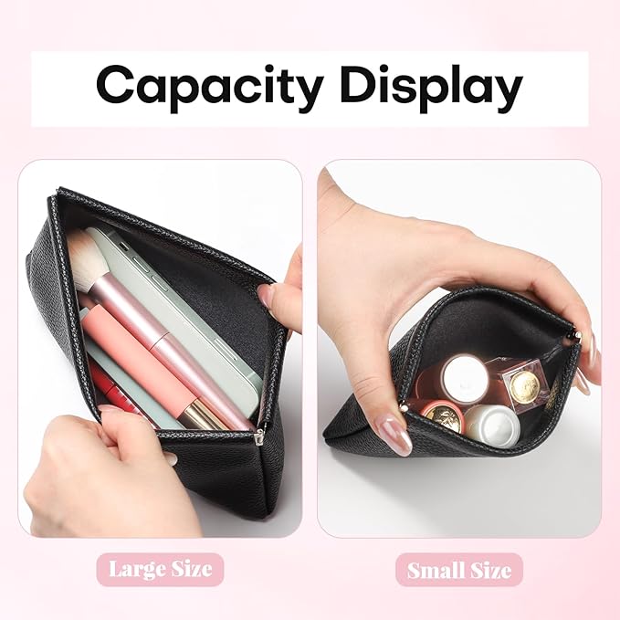 Sightor Leather Pocket Cosmetic Bag for Purse, 2 Pack Small Makeup Bag for Women Coin Purse Lipstick Cosmetic Accessories Organizer Travel Cosmetic Pouch (Black)