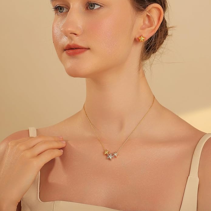 Dainty Geometric Jewelry Set for Women - Stainless Steel Necklace & Earrings Minimalist Matching Set