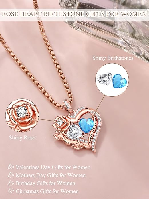Rose Heart Necklaces for Women, Rose Gold Forever Love Jewelry with 2 Birthstones Pendant, Christmas Anniversarry Birthday Gifts for Her Wife Mom Grandma, 18+2 Inch Chain