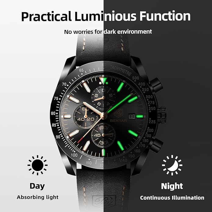 BY BENYAR Watch for Men Analog Quartz Chronograph Waterproof Luminous Designer Mens Wrist Watches Business Work Sport Casual Dress Watch with Silicone Strap Elegant Gifts for Men