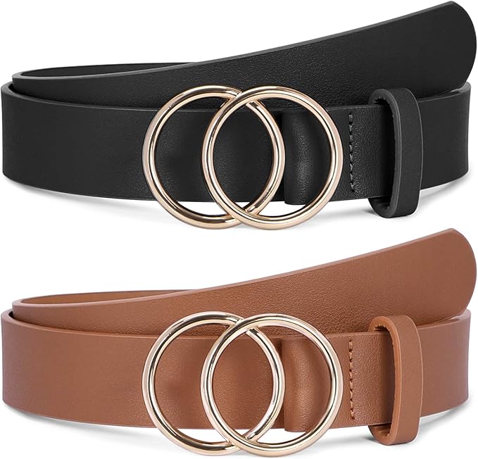 SUOSDEY Women Leather Belt Fashion Double O-Ring Soft Faux Leather Waist Belts For Jeans Dress
