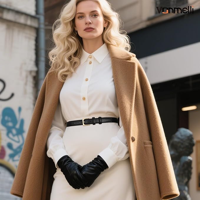 VONMELLI Womens Thin Leather Belt for Jeans Pants Dress Fashion Skinny Belt with Gold Buckle for Women