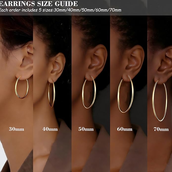 4/5/6 Pairs Stainless Steel 30/40/50/60/70 mm Silver 14K Gold Hoop Earrings for Women Hypoallergenic Big Thin Lightweight Dangle Set