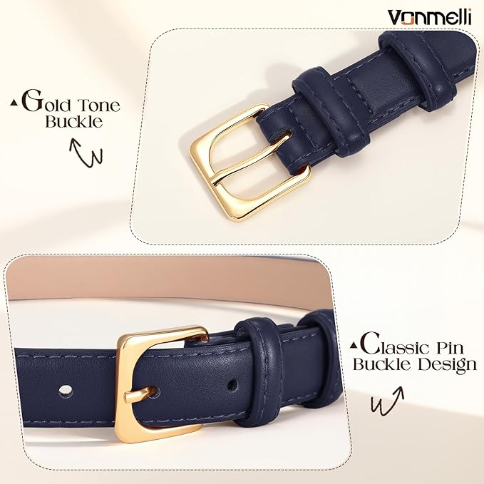 VONMELLI Womens Thin Leather Belt for Jeans Pants Dress Fashion Skinny Belt with Gold Buckle for Women