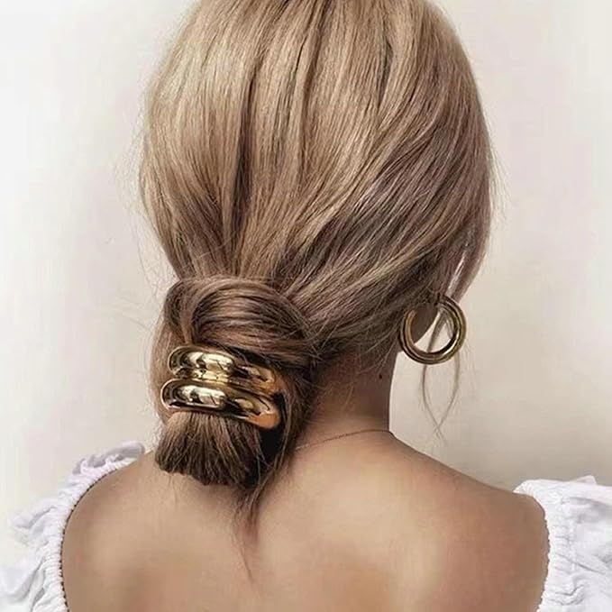 Gold Metal Hair Ties for Women - Cuffs, Accessories, Elastic Bands for Thick and Thin Hair Ponytails