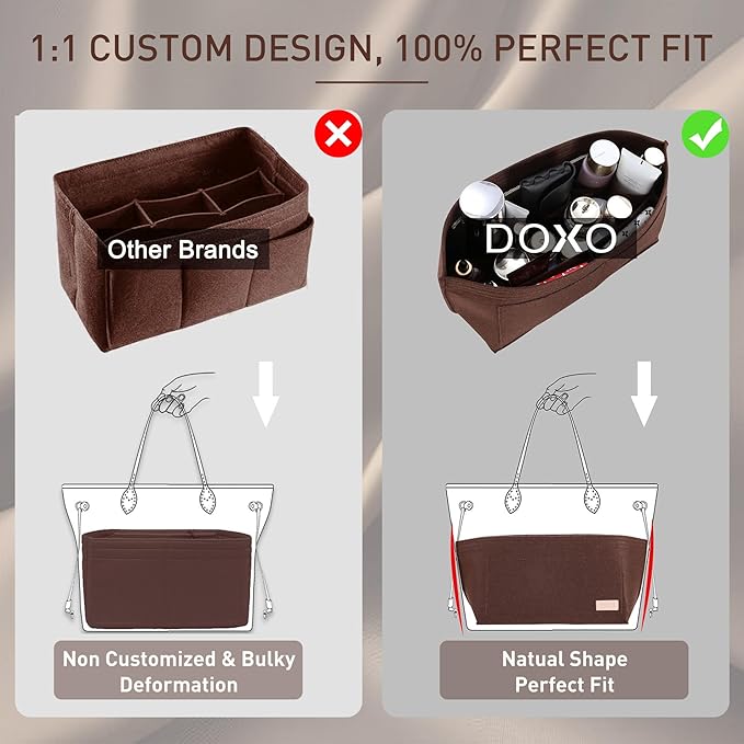 Doxo Purse Organizer Insert for Handbags & Base Shaper 2pc Set, Felt Bag Organizer for Tote with 3 Sizes, Compatible with Neverful PM Speedy 30 and More (PM-Brown-Medium)