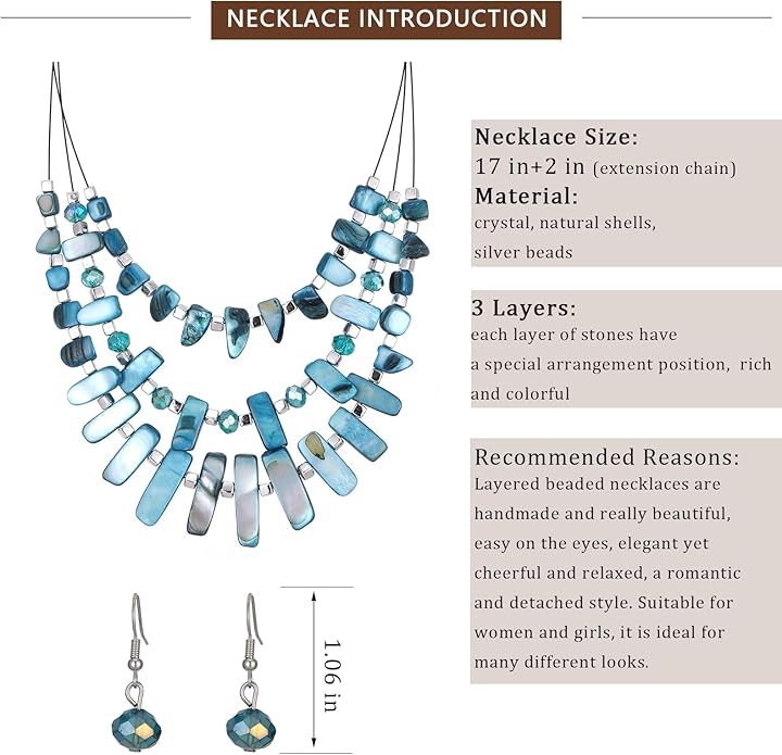 3 Layered Chunky Statement Necklace for Women Beaded Strand Necklaces with Earring Fashion Costumes Collar Necklace Jewelry Sets Gifts for Women