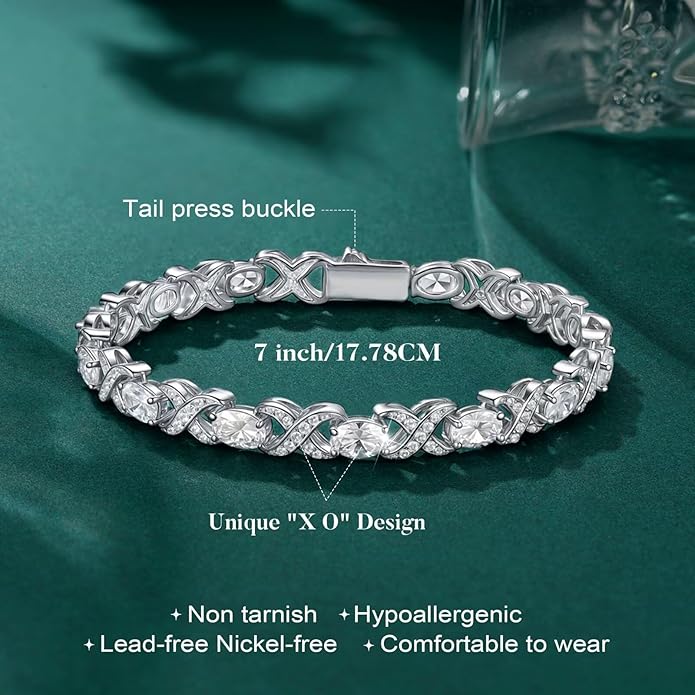 Iefil Oval Birthstone Tennis Bracelets for Women Wife, Unique X O Design Fine Jewelry Valentine's Day Gift Anniversary Birthday Gift 925 Sterling Silver Birthstone Jewelry for Mom Girlfriend Her