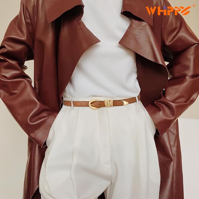 WHIPPY Women Skinny Leather Belt for Jeans Pants Dresses Ladies Fashion Waist Belt with Shiny Gold Buckle