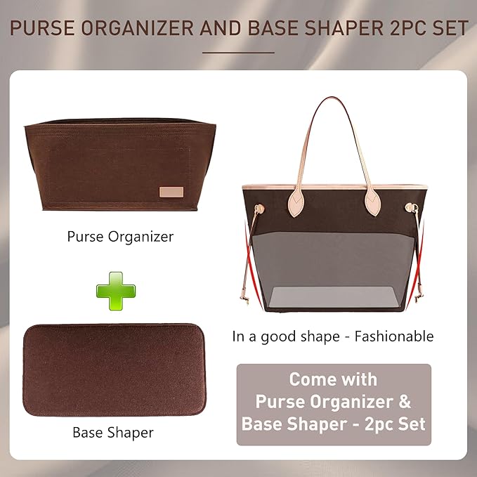 Doxo Purse Organizer Insert for Handbags Tote Felt Bag Organizers Compatible with CIity33 Neverfull MM (Large-Brown)