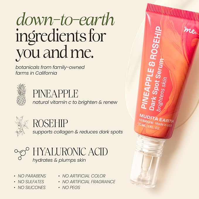 Mudita Earth Pineapple Bright Vitamin C Serum – 1 Fl Oz | Vitamin C & Niacinamide Serum for Acne Scars, Dark Spots & Hyperpigmentation, Glow-Enhancing & Even Tone Support with Rosehip, Hyaluronic Acid