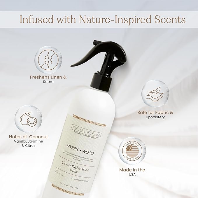 FIELD FLEUR Myrrh Wood Linen & Room Spray 15.5 oz - Aromatic & Refreshing Bedding & Fabric Mist - Air Freshener for Clothes & Sofas - Notes of Patchouli, Myrrh, Amber & Sandalwood - Made in USA