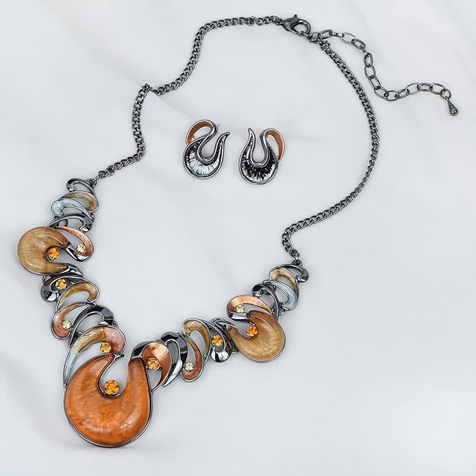 Retro Women's Crystal Floral Petal Leaf Chunky Statement Necklace and Earrings Set Party Jewelry