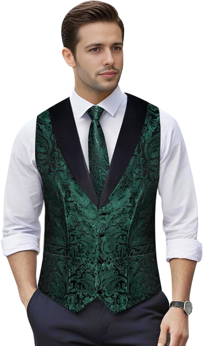 DiBanGu Mens Paisley Suit Vest Silk Jacquard Waistcoat and Necktie Set Formal Shawl Collar Dress Vest 7PCS for Wedding Party
