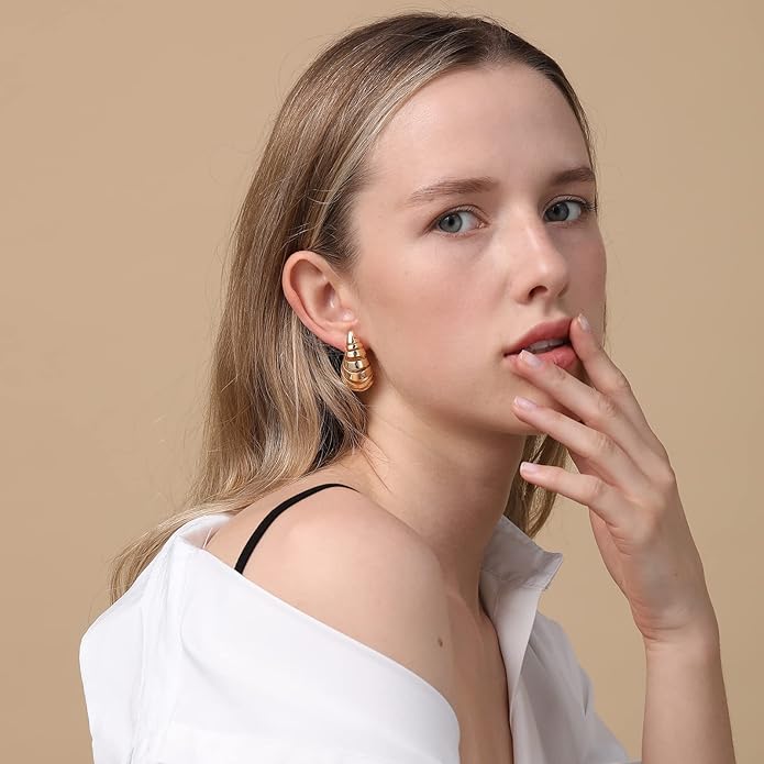 Apsvo Chunky 14K Gold Plated Hoop Earrings for Women, Lightweight Waterdrop Hollow Open Hoops, Hypoallergenic Dupes Earrings