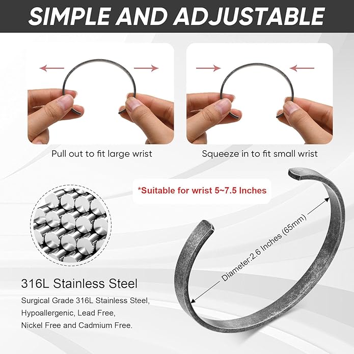 MEALGUET Stainless Steel Mens Cuff Bracelet : Minimal Cool Silver/Black/Gold Plated Open Metal Cuff Bangle Bracelets for Men,Mens Bracelet Jewelry Gift
