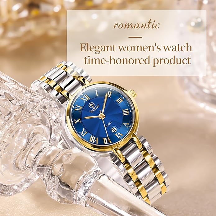 Gold Silver Two Tone Women Stainless Steel Watch Small Wrist ElegantDress Watch for Women Fashion Luxury Waterproof Day Date Analog Quartz Ladies Watches