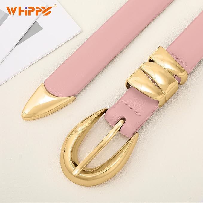 WHIPPY Women Skinny Leather Belt for Jeans Pants Dresses Ladies Fashion Waist Belt with Shiny Gold Buckle