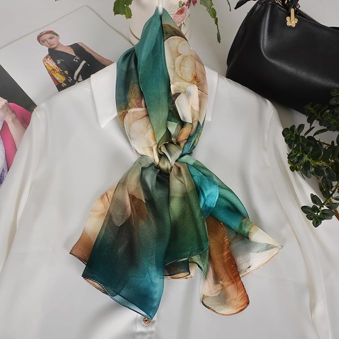 100% Mulberry Silk Women's Neck Silk Scarf-Lightweight Shawl,FLoral Print Beach Silk Wrap-Scarves for Photography