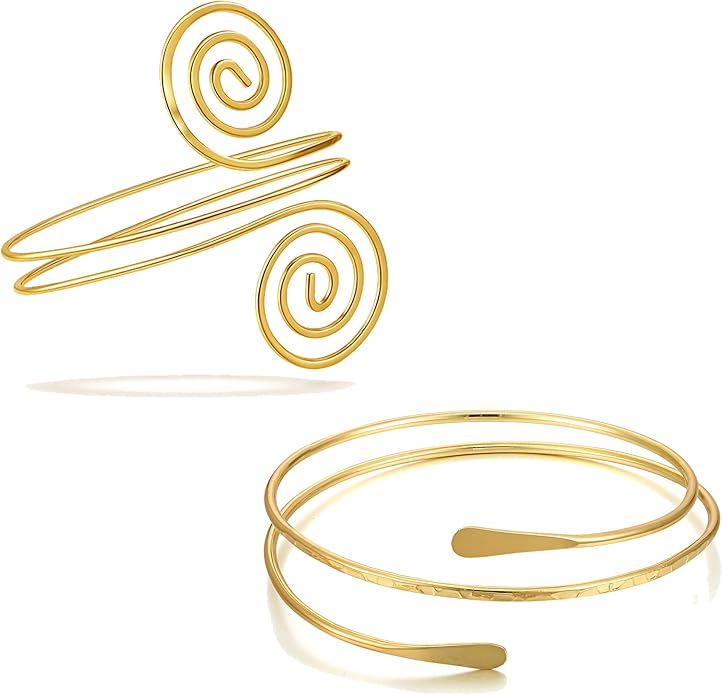 BROCC 2PCS Gold Coil Swirl Upper Arm Bracelet for Women Open Upper Arm Cuff Bangle Armlet Gold Silver Adjustable Armband Bracelet Set
