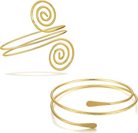 BROCC 2PCS Gold Coil Swirl Upper Arm Bracelet for Women Open Upper Arm Cuff Bangle Armlet Gold Silver Adjustable Armband Bracelet Set