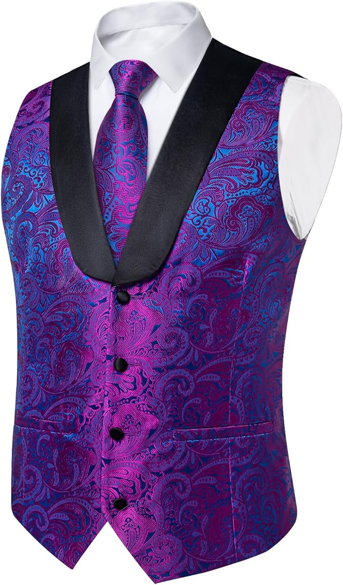 DiBanGu Mens Paisley Suit Vest Silk Jacquard Waistcoat and Necktie Set Formal Shawl Collar Dress Vest 7PCS for Wedding Party