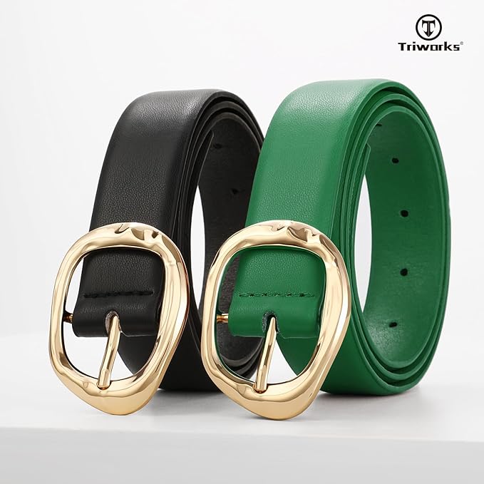TRIWORKS 2 Pack Leather Belts for Women Fashion Waist Belt with Liquid Shapes Women Belt for Jeans Pants Dresses