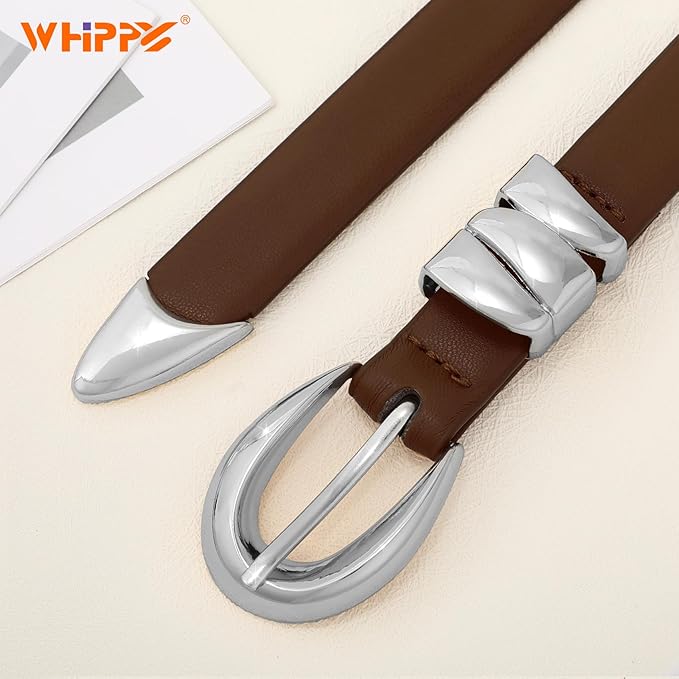 WHIPPY Women Skinny Leather Belt for Jeans Pants Dresses Ladies Fashion Waist Belt with Shiny Gold Buckle