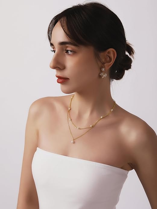 MINACHI Gold Plated Dainty Double Layered Imitation Pearl Chain Necklace for Women, Trendy Simple Minimalist Fashion Jewelry Gift for Women