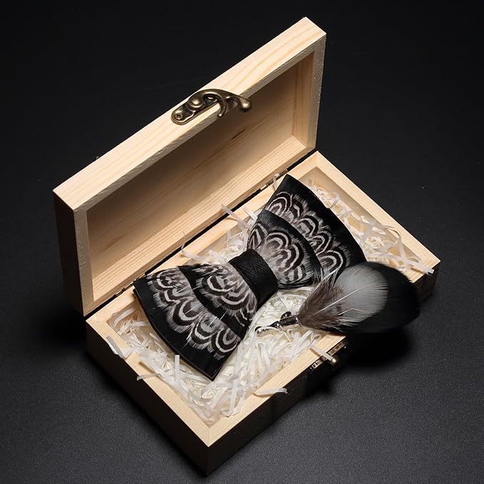 RBOCOTT Handmade Feather Pre-tied Bow tie and Brooch Sets for Men