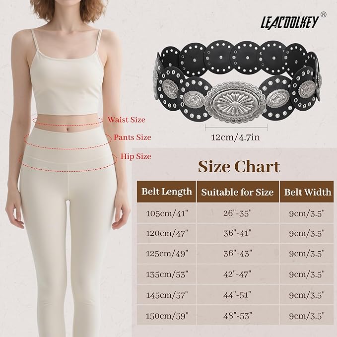LEACOOLKEY Women's Boho Disc Belt Wide Western Leather Belt Vintage Concho Waist Belts for Dress Jeans