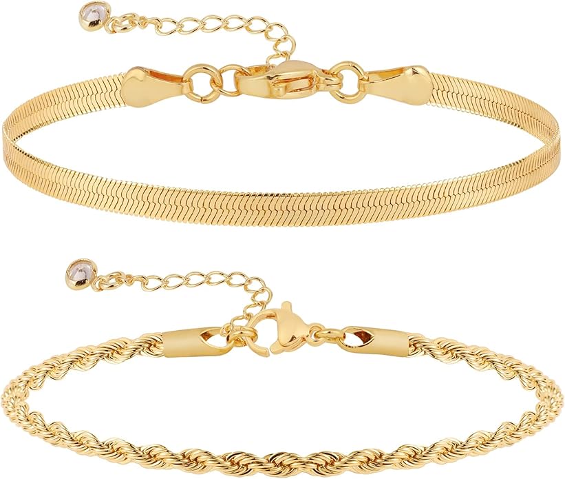 MIDEEO Bracelets for Women Dainty Layered Herringbone Twisted Rope Chain Bracelets Set Layering Dot CZ Leave Beaded Bracelets Dainty Cubic Zirconia Tennis Chain Bracelet Jewelry Gifts
