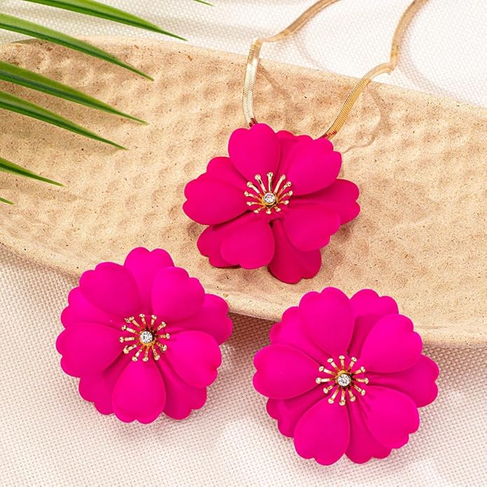 Vintage Flower Necklace Earring Set Gold Snake Chain Necklace Bohemian Red Flowers Choker Necklaces Hypoallergenic Statement Flower Stud Earrings Elegant Bridal Wedding Summer Beach Jewelry
