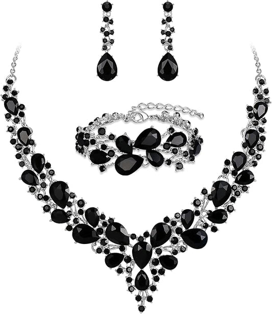 BriLove Wedding Bridal Jewelery for Women Austrian Crystal Teardrop Cluster Statement Necklace Dangle Earrings Link Bracelet Set