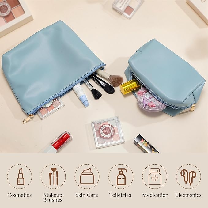 Kigeli 2 Pcs PU Leather Makeup Bag Set for Women Aesthetic Cosmetic Bag Small Toiletry Travel Pouch for Purse Emergency Skincare Organizer Valentine Gifts for Bridesmaid Birthday(Blue)