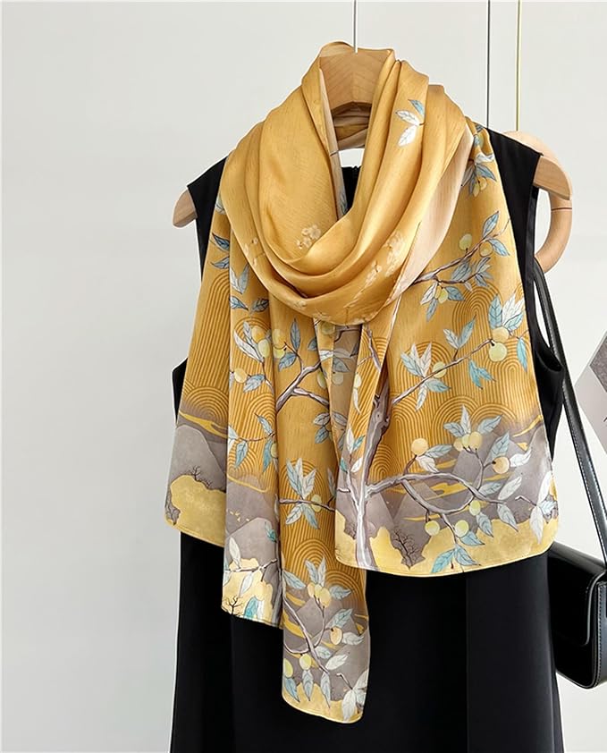 100% Mulberry Silk Scarfs for Women Floral Print Satin Long Scarf for Headscarf Hair Wraps Shawl with Gift Packed