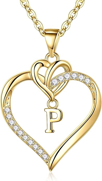 STORUP Gifts for Women Teen Girls - Heart Initial Necklaces for Women Girls, 14K-Gold-Plated Cubic Zirconia Initial A-Z Pendant Dainty Heart Necklaces for Teen Girl Jewelry Birthday Gifts