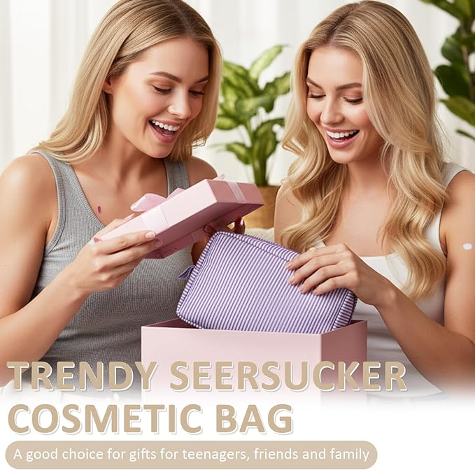 Sanwuta 3 Pcs Seersucker Makeup Bags Seersucker Cosmetic Bags Striped Women Large Travel Toiletry Organizer Preppy Storage Pouch for Embroidery Wedding Bridesmaid Gifts(Pink, Light Blue, Purple)