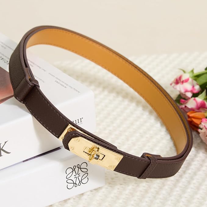 Skinny Leather Belts for Women with Adjustable Silver Turn-Lock Buckle for Dresses Jeans and Pants