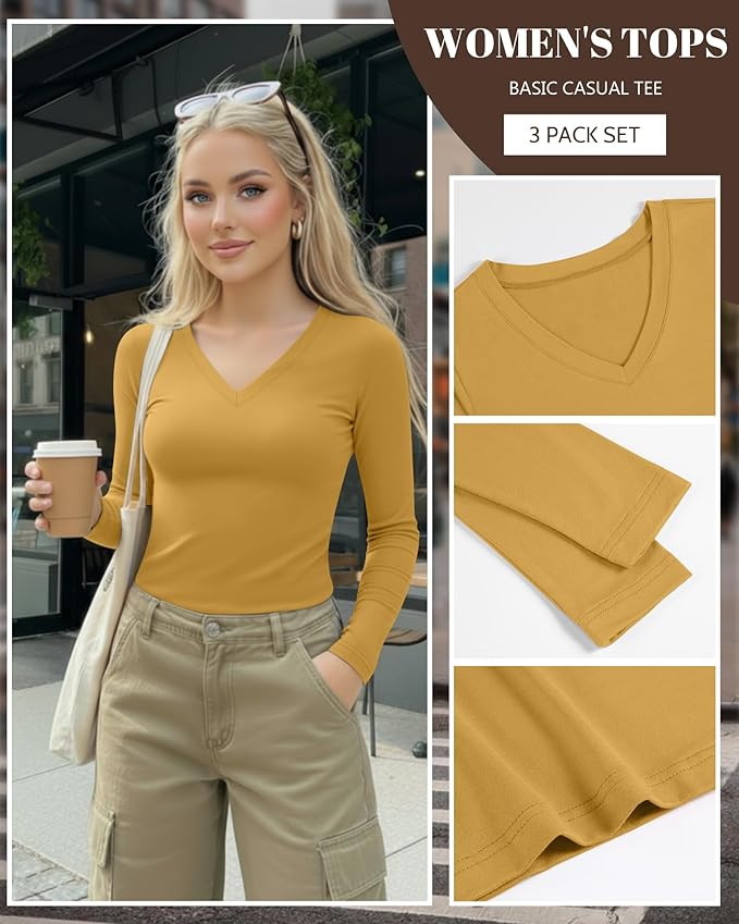 Ficerd 3 Pack Women's Long Sleeve Shirts, V Neck Basic Tees Slim Fitted Casual Fall Tops Going Out Blouses T Shirts