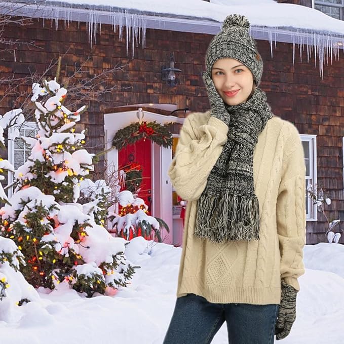 Winter Hat Scarf Gloves Set for Women Womens Knit Warm Hat Beanie Long Scarf Touchscreen Gloves Skull Caps Neck Scarves