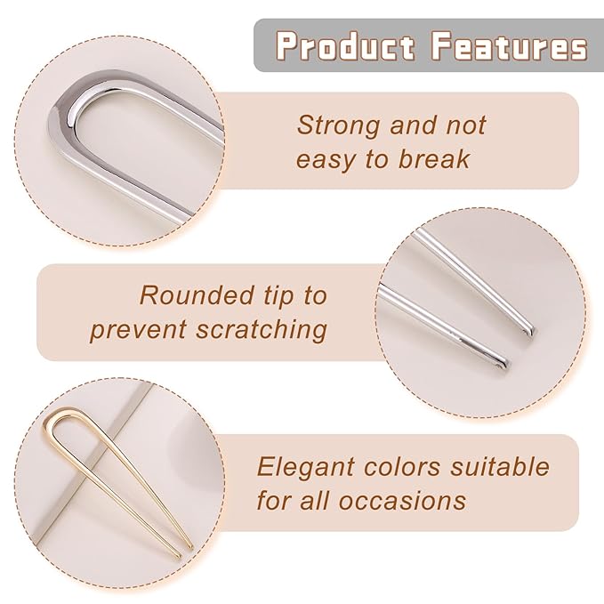 2Pcs French Hair Pins for Thick Hair, Metal French Twis Hair Pins for Women Girls, U-Shaped French Pin for Buns, 5.1 Inches Large French Pins (Silver, Gold)