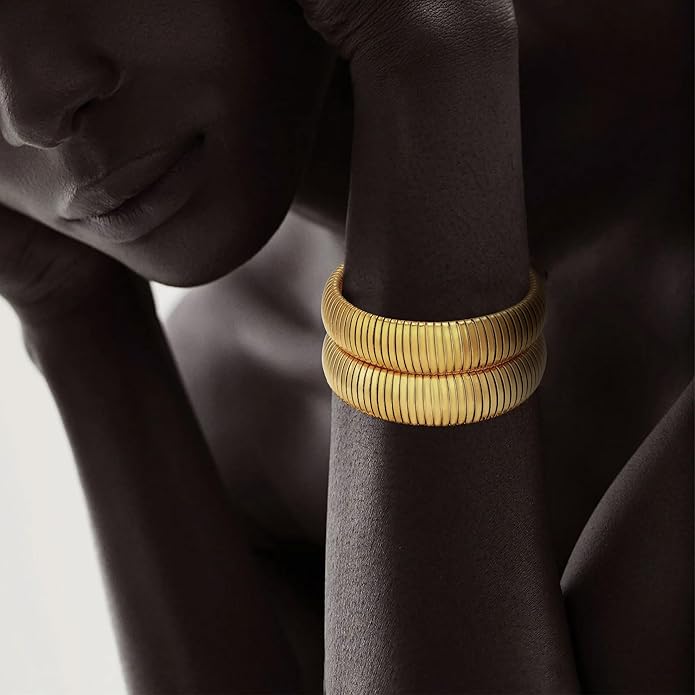 MISS RIGHT Gold Chunky Stretch Snake Chain Bangle Bracelets Stack for Women Trendy, 18K Gold Filled Stainless Steel Stretchy Womens Stackable Wristband Bangles Bracelet Set