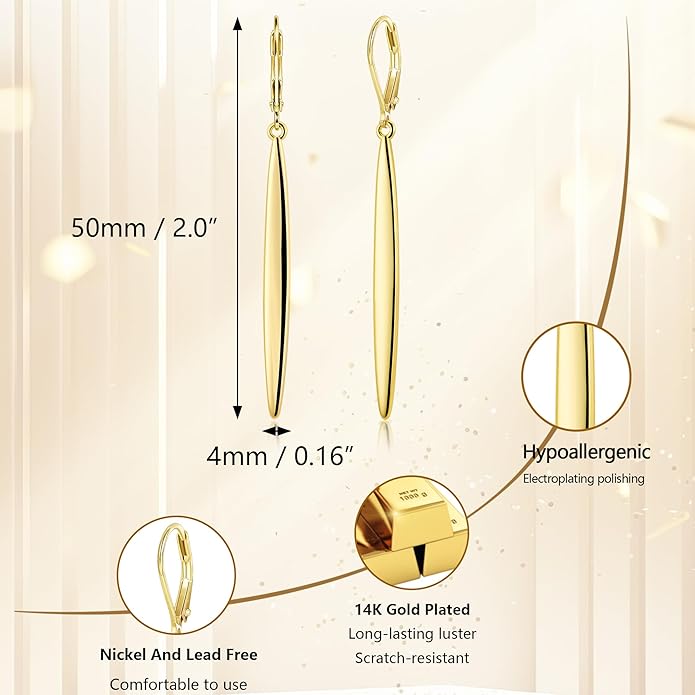 ALEXCRAFT 925 Sterling Silver & 14K Gold Plated Long Dangle Drop Earrings for Women Minimalist Hypoallergenic Vertical Bar Leverback Dangling Earrings Lightweight Daily Fashion Jewelry Gifts