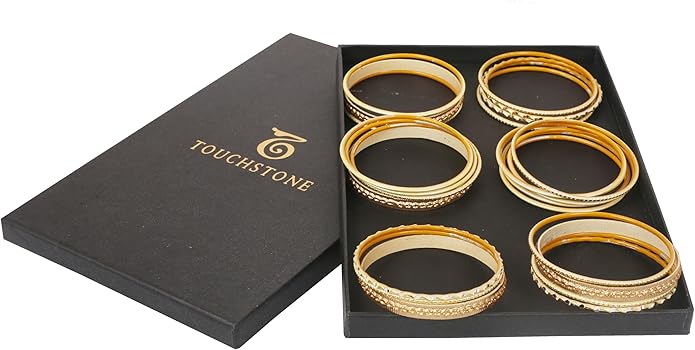Touchstone Indian Metal Bangles for Women Gold Alloy Bracelets desi 2 Dozen Bangle Collection Bollywood Women's Jewelry Set Multi Stacking Wide Chunky Textured Golden Set of 24 in Gold or White Tone