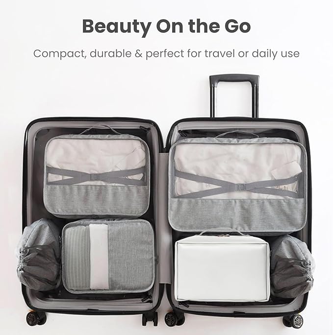Travel Makeup Organizer Bag, Large Capacity Cosmetic Bags with Multiple Compartments, Open-Flat Toiletry Bag Portable Waterproof Pouch for Women Beauty Essentials (White)