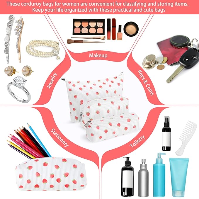 3 Pcs Makeup Bag Set for Women Corduroy Cosmetic Pouch Aesthetic Smile Travel Toiletry Bag Cute Purse Pouch Pencil Case Makeup Brushes Storage Organizer for Christmas (White, Strawberry)
