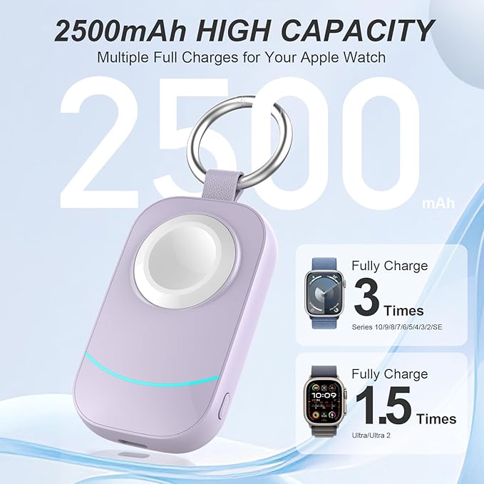 Portable Travel Charger for Apple Watch Ultra 3 -zikker 2500mAh Wireless Charger for iwatch Series 11/10/9/8/7/6/5/4/3/2/SE 3/SE 2/UItra/UItra 2 Purple