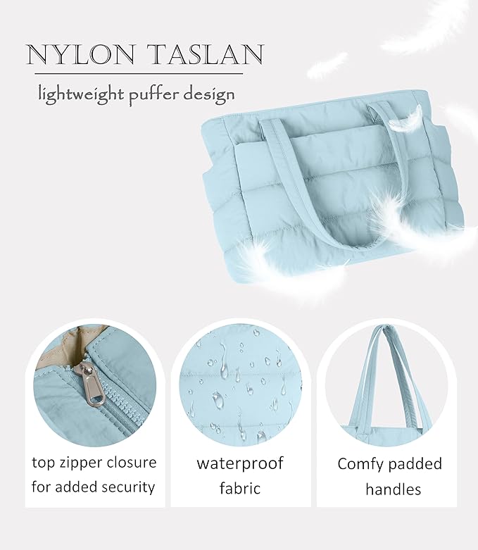 Puffer Tote Bag for Women, Cute Quilted Carryall with Zippered Compartments Shoulder Bag Handbag for Work, Travel, Gym